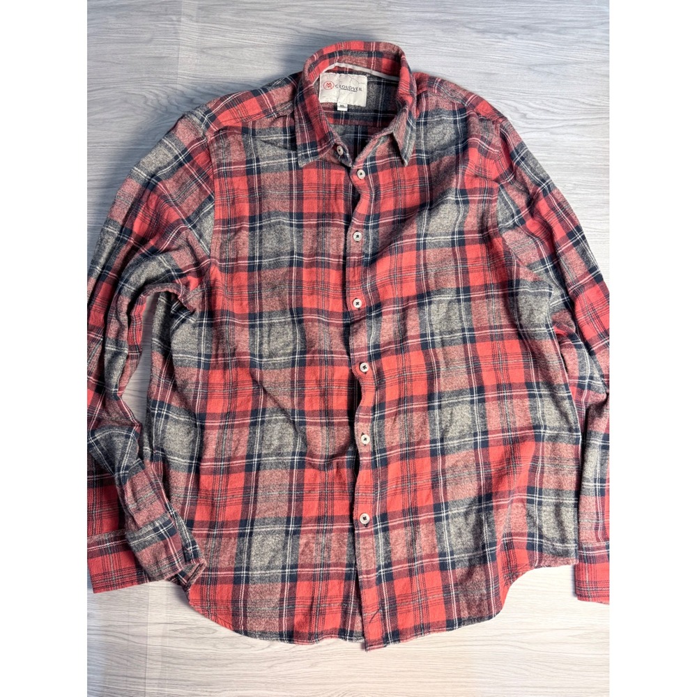 Cloudveil Mountain Works Mens XL Red Grey Plaid Flannel Button Down Cotton Shirt